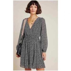 Anthropologie Maeve Carolyn Mini Dress XS Black‎ White Print Fit N Flare